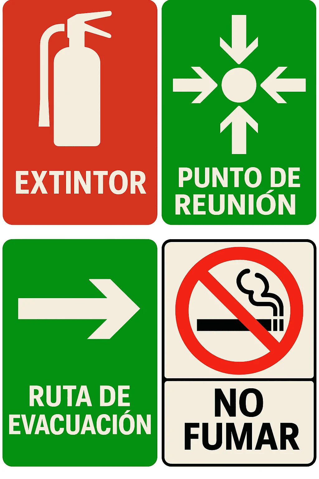 Colección de diversas señalizaciones de seguridad, como salida de emergencia y punto de reunión